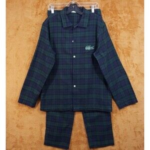 LACOSTE Pajama Set Mens Small Blue Green Blackwatch Collar Flannel Logo Pjs